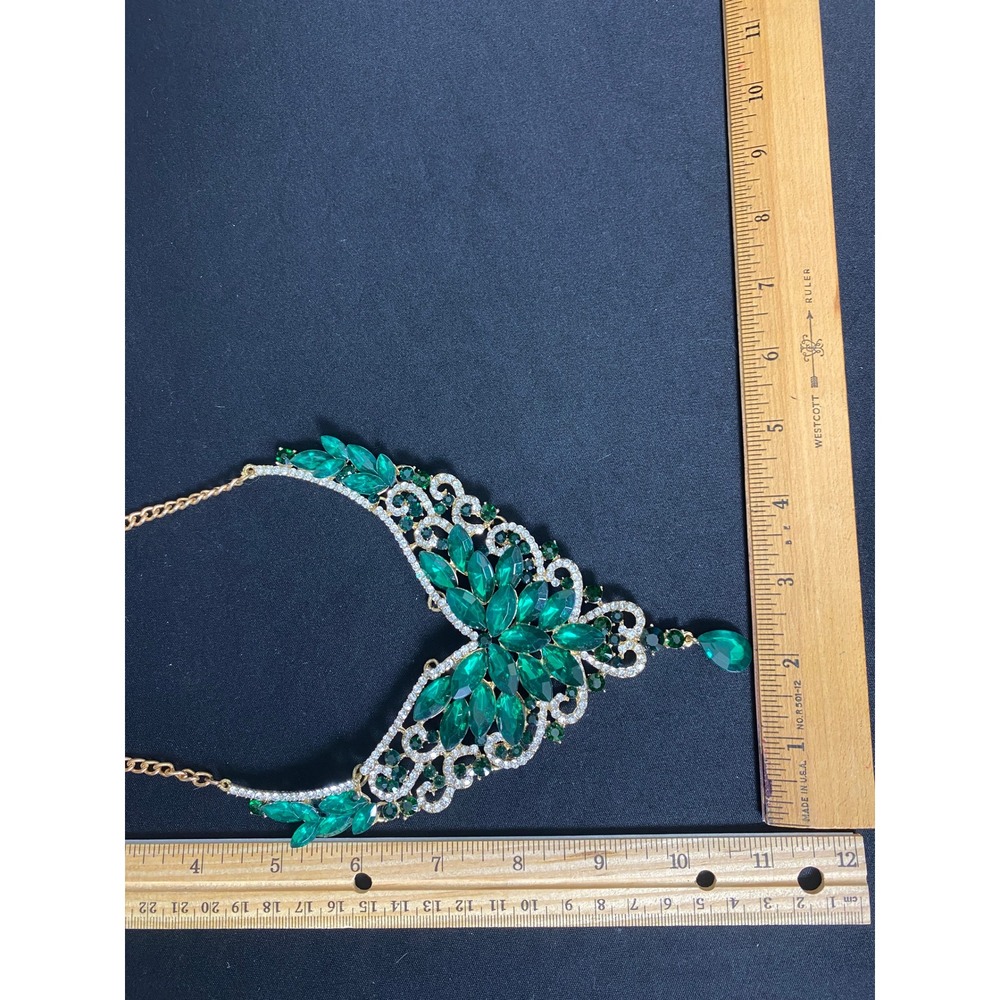 Emerald Green Crystal Rhinestone Statement Necklace Tiara Crown Wedding Bridal